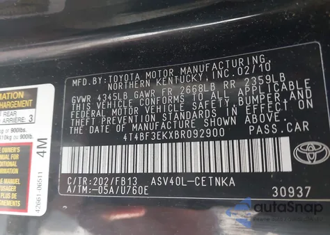 2011 Toyota Camry Le из США, поврежденный, VIN 4T4BF3EKXBR092900